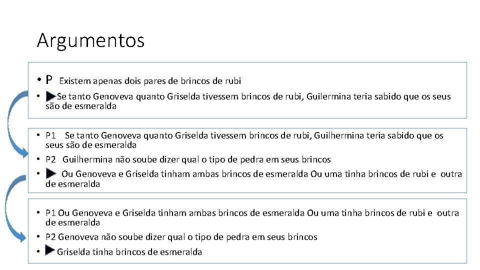 Argumentos • P • Existem apenas dois pares de brincos de rubi Se tanto