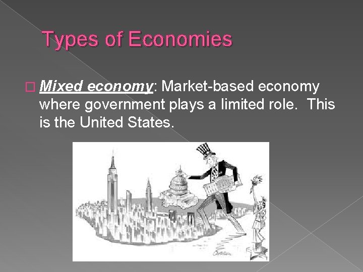 Types of Economies � Mixed economy: Market-based economy where government plays a limited role.