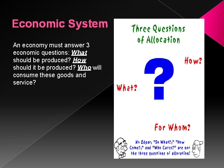 Economic System An economy must answer 3 economic questions: What should be produced? How