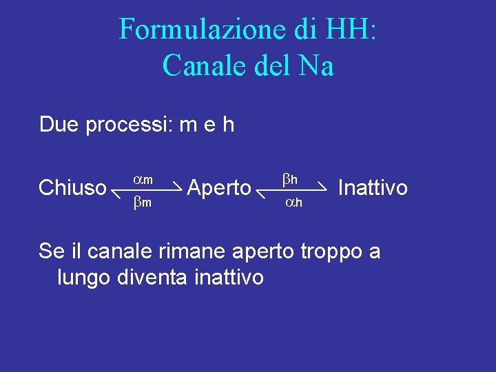 Formulazione di HH: Canale del Na Due processi: m e h Chiuso am bm