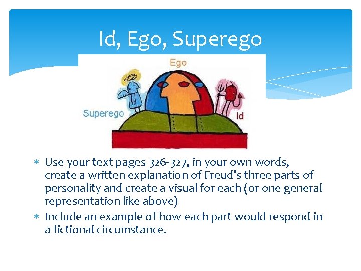Id, Ego, Superego Use your text pages 326 -327, in your own words, create