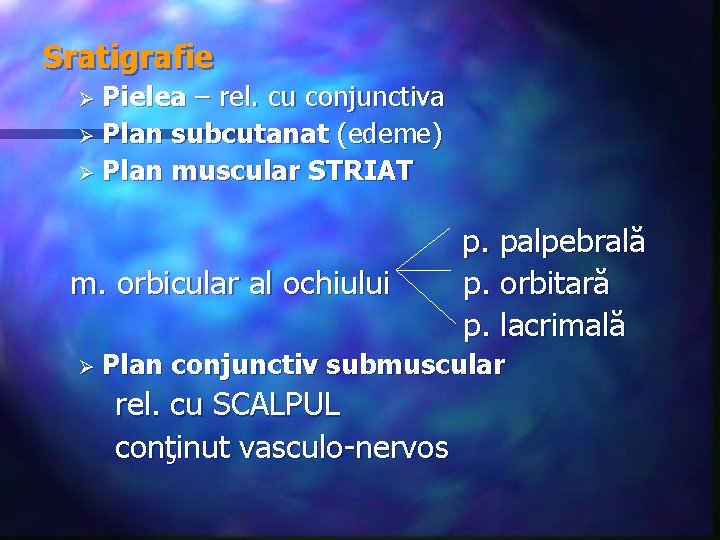 Sratigrafie Ø Pielea – rel. cu conjunctiva Ø Plan subcutanat (edeme) Ø Plan muscular