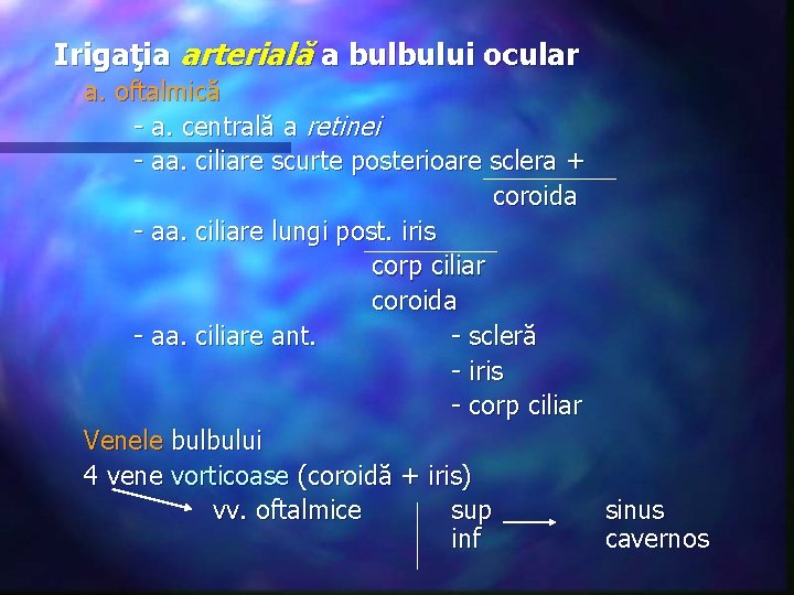Irigaţia arterială a bulbului ocular a. oftalmică - a. centrală a retinei - aa.