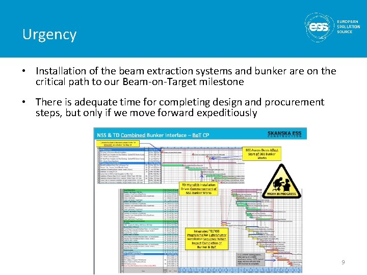 Urgency • Installation of the beam extraction systems and bunker are on the critical Urgency • Installation of the beam extraction systems and bunker are on the critical