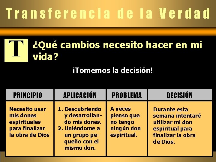 Transferencia de la Verdad T ¿Qué cambios necesito hacer en mi vida? ¡Tomemos la