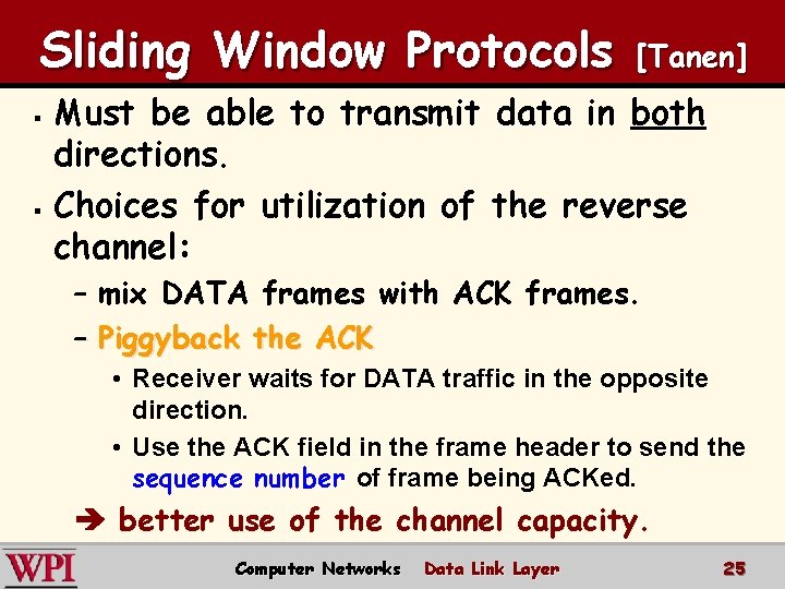 Sliding Window Protocols [Tanen] Must be able to transmit data in both directions. §