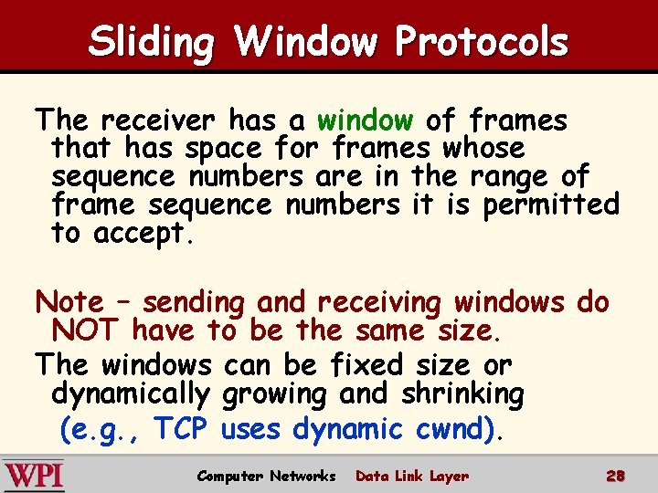 Sliding Window Protocols The receiver has a window of frames that has space for