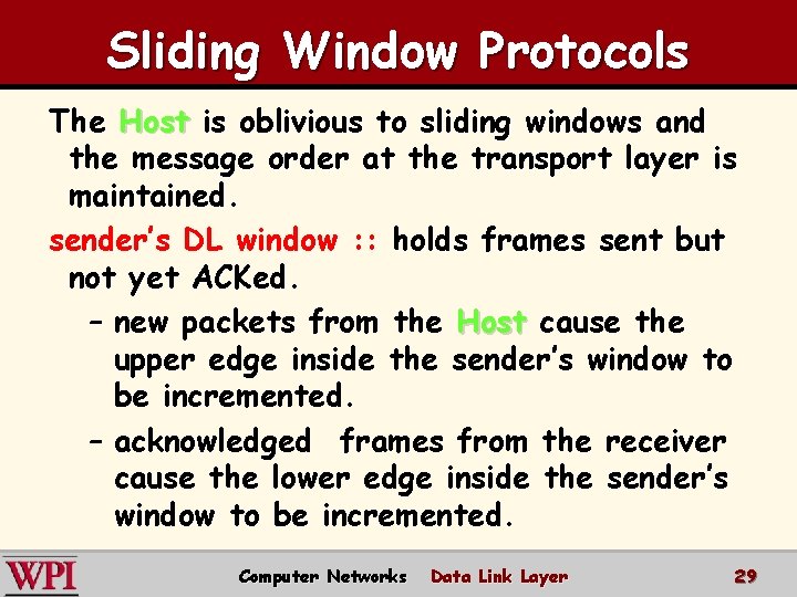 Sliding Window Protocols The Host is oblivious to sliding windows and the message order