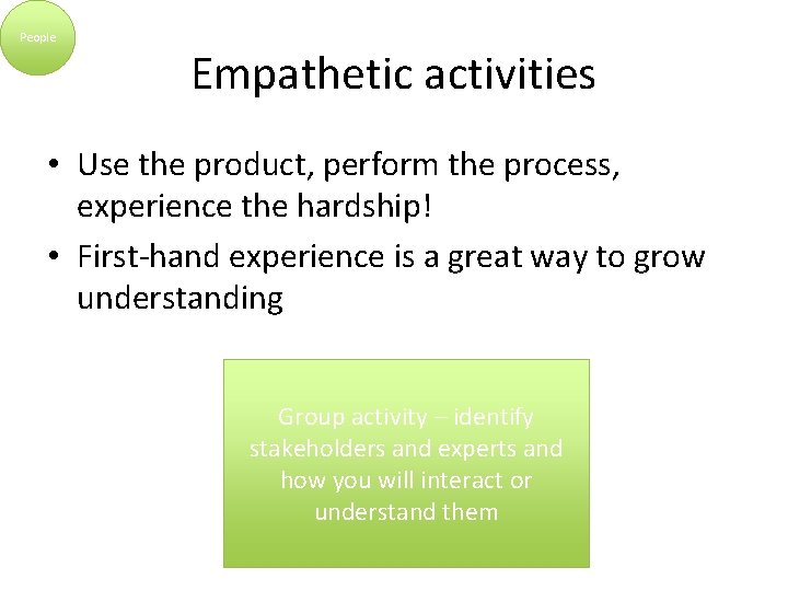 People Empathetic activities • Use the product, perform the process, experience the hardship! •