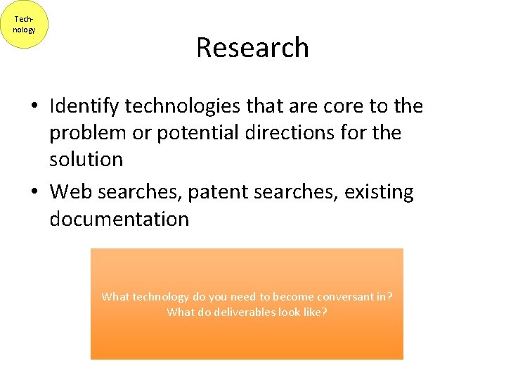 Technology Research • Identify technologies that are core to the problem or potential directions