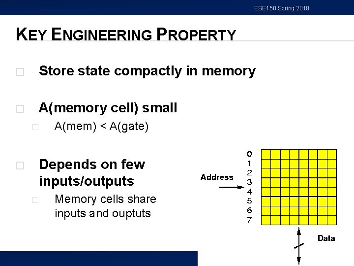 ESE 150 Spring 2018 KEY ENGINEERING PROPERTY � Store state compactly in memory �