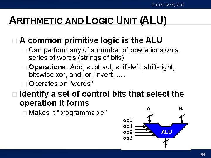 ESE 150 Spring 2018 ARITHMETIC AND LOGIC UNIT (ALU) � A common primitive logic