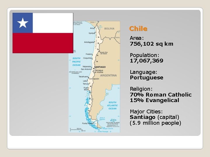 Chile Area: 756, 102 sq km Population: 17, 067, 369 Language: Portuguese Religion: 70%
