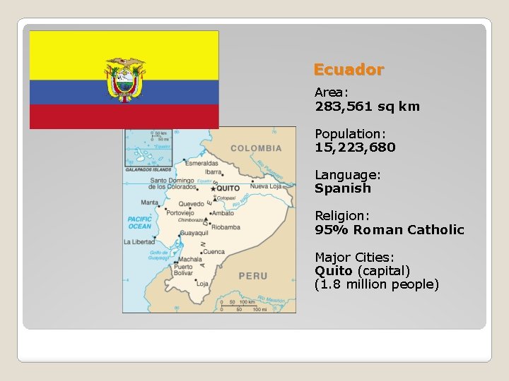 Ecuador Area: 283, 561 sq km Population: 15, 223, 680 Language: Spanish Religion: 95%