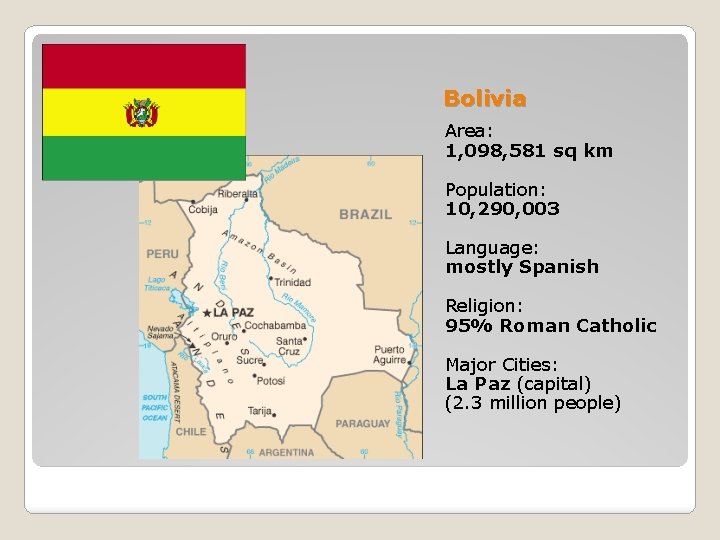 Bolivia Area: 1, 098, 581 sq km Population: 10, 290, 003 Language: mostly Spanish