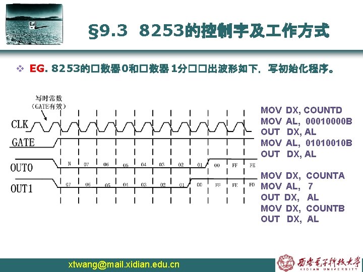 § 9. 3 8253的控制字及 作方式 v EG. 8253的�数器 0和�数器 1分��出波形如下，写初始化程序。 xtwang@mail. xidian. edu. cn