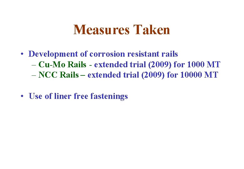Measures Taken • Development of corrosion resistant rails – Cu-Mo Rails - extended trial