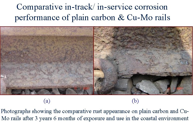 Comparative in-track/ in-service corrosion performance of plain carbon & Cu-Mo rails (a) (b) Photographs