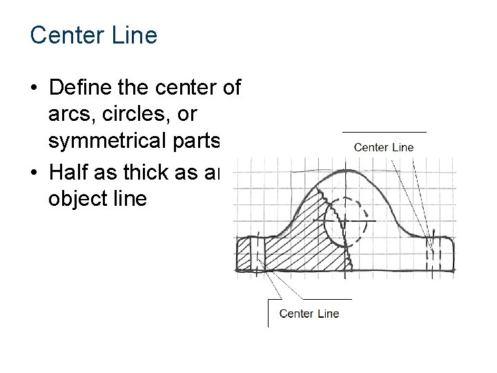 Center Line • Define the center of arcs, circles, or symmetrical parts • Half