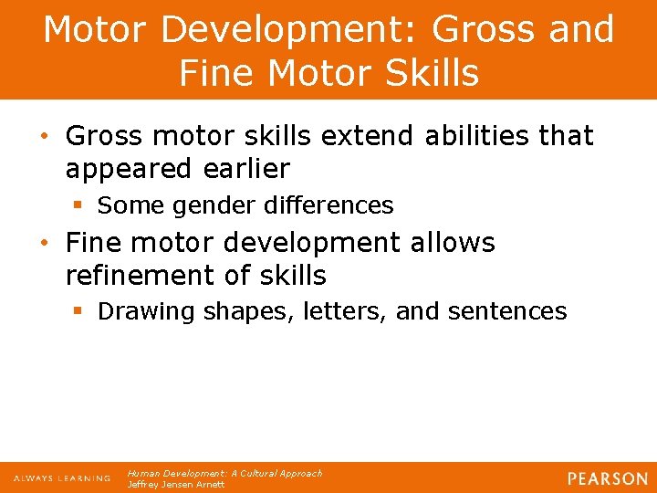 Motor Development: Gross and Fine Motor Skills • Gross motor skills extend abilities that