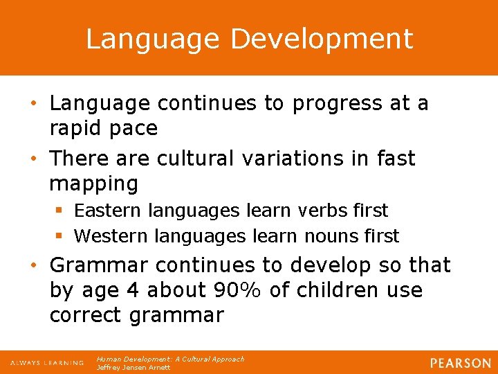 Language Development • Language continues to progress at a rapid pace • There are