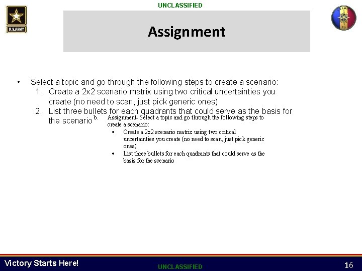 UNCLASSIFIED Assignment • Select a topic and go through the following steps to create