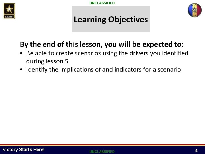 UNCLASSIFIED Learning Objectives By the end of this lesson, you will be expected to: