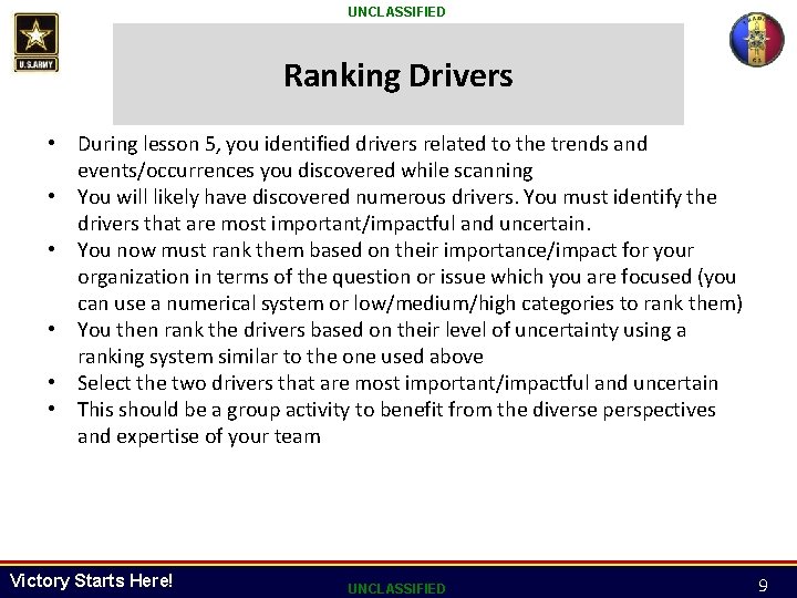 UNCLASSIFIED Ranking Drivers • During lesson 5, you identified drivers related to the trends