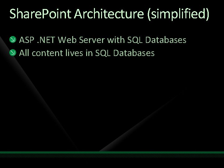 Share. Point Architecture (simplified) ASP. NET Web Server with SQL Databases All content lives