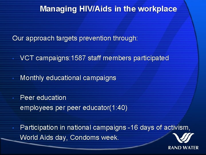 Managing HIV/Aids in the workplace Our approach targets prevention through: • VCT campaigns: 1587
