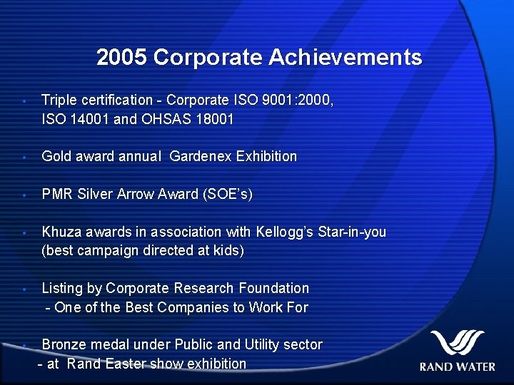 2005 Corporate Achievements • Triple certification - Corporate ISO 9001: 2000, ISO 14001 and