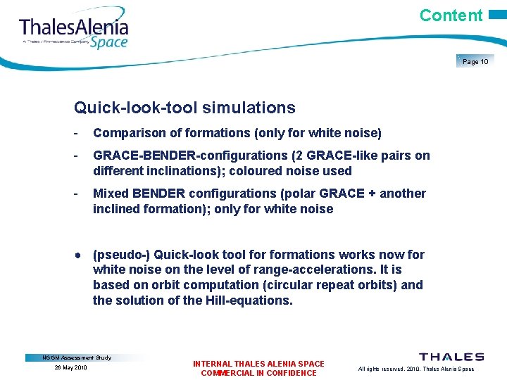 Content Page 10 Quick-look-tool simulations - Comparison of formations (only for white noise) -