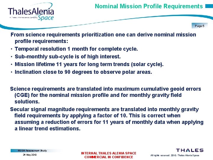 Nominal Mission Profile Requirements Page 5 From science requirements prioritization one can derive nominal