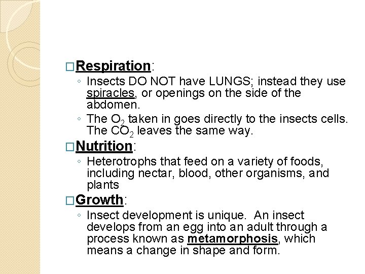 �Respiration: ◦ Insects DO NOT have LUNGS; instead they use spiracles, or openings on