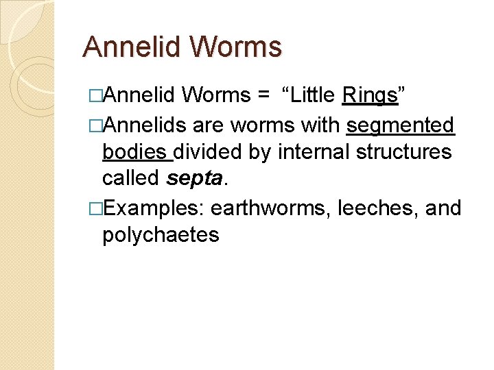 Annelid Worms �Annelid Worms = “Little Rings” �Annelids are worms with segmented bodies divided