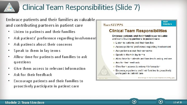 Clinical Team Responsibilities (Slide 7) Embrace patients and their families as valuable and contributing