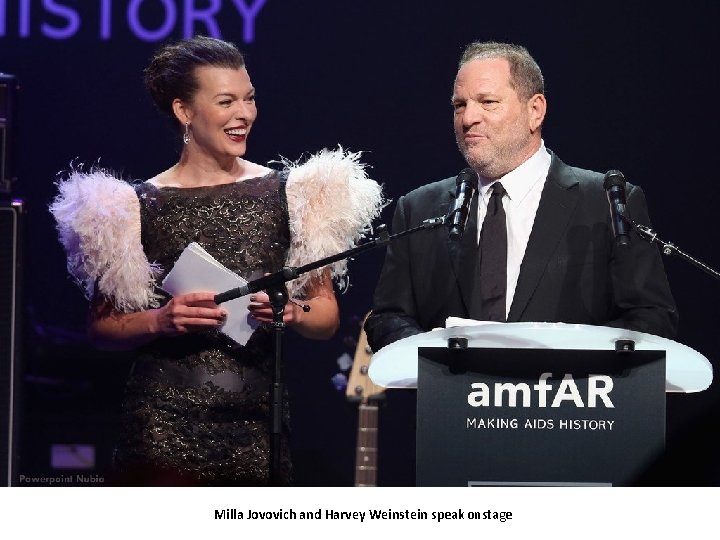 Milla Jovovich and Harvey Weinstein speak onstage 