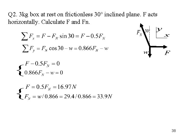 Q 2. 3 kg box at rest on frictionless 30° inclined plane. F acts
