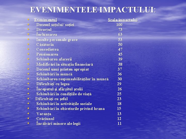 EVENIMENTELE IMPACTULUI: • Evenimentul Scala impactului • Decesul soţului/ soţiei 100 • Divorţul 73