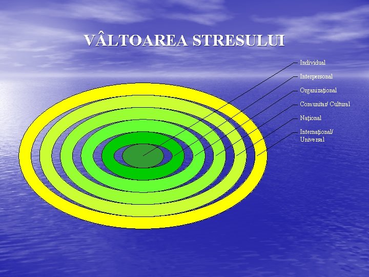 V LTOAREA STRESULUI Individual Interpersonal Organizaţional Comunitar/ Cultural Naţional Internaţional/ Universal 