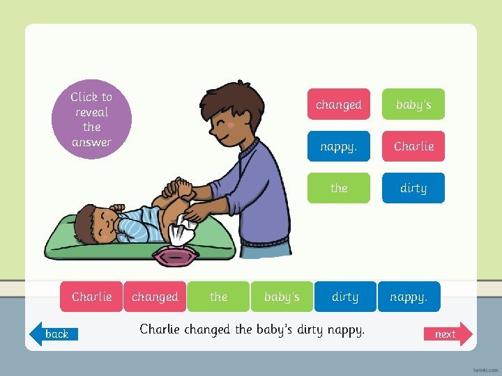 Click to reveal the answer Charlie back changed the baby’s changed baby’s nappy. Charlie