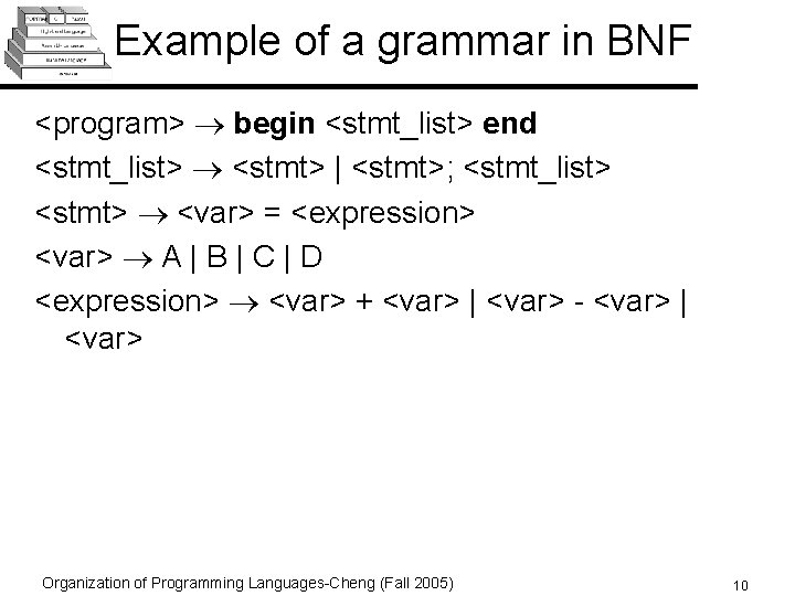 Example of a grammar in BNF <program> begin <stmt_list> end <stmt_list> <stmt> | <stmt>;