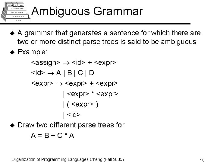 Ambiguous Grammar u u u A grammar that generates a sentence for which there
