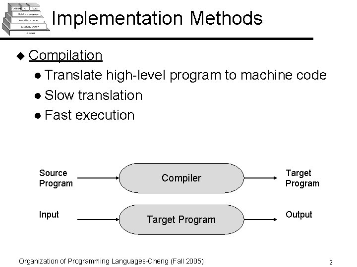Implementation Methods u Compilation l Translate high-level program to machine code l Slow translation
