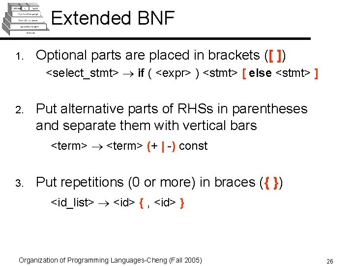 Extended BNF 1. Optional parts are placed in brackets ([ ]) <select_stmt> if (