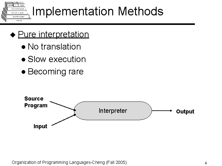 Implementation Methods u Pure interpretation l No translation l Slow execution l Becoming rare