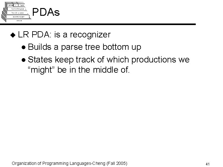 PDAs u LR PDA: is a recognizer l Builds a parse tree bottom up
