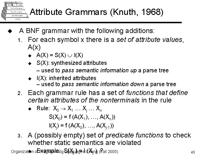 Attribute Grammars (Knuth, 1968) u A BNF grammar with the following additions: 1. For