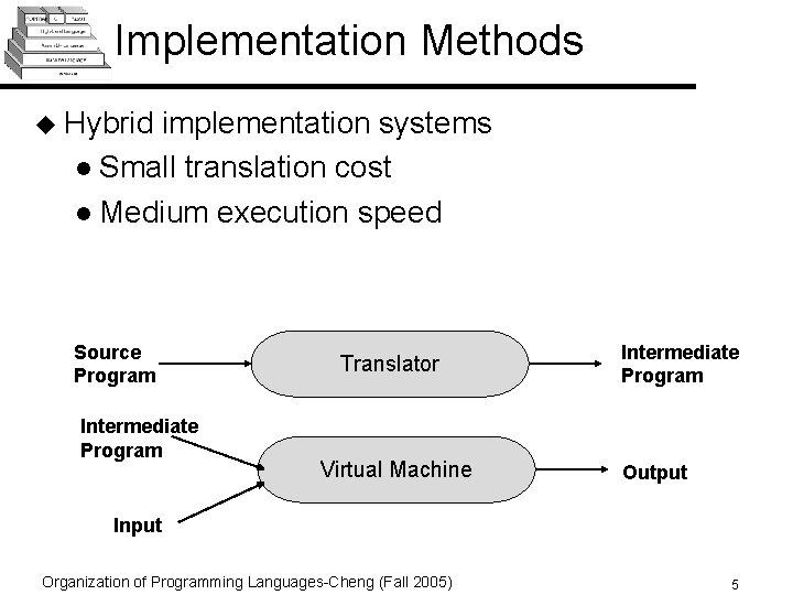 Implementation Methods u Hybrid implementation systems l Small translation cost l Medium execution speed