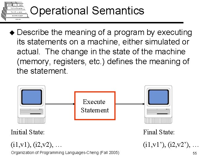 Operational Semantics u Describe the meaning of a program by executing its statements on
